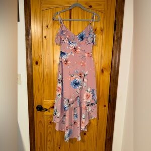 Floral Pink Dress with Draped Sleeves